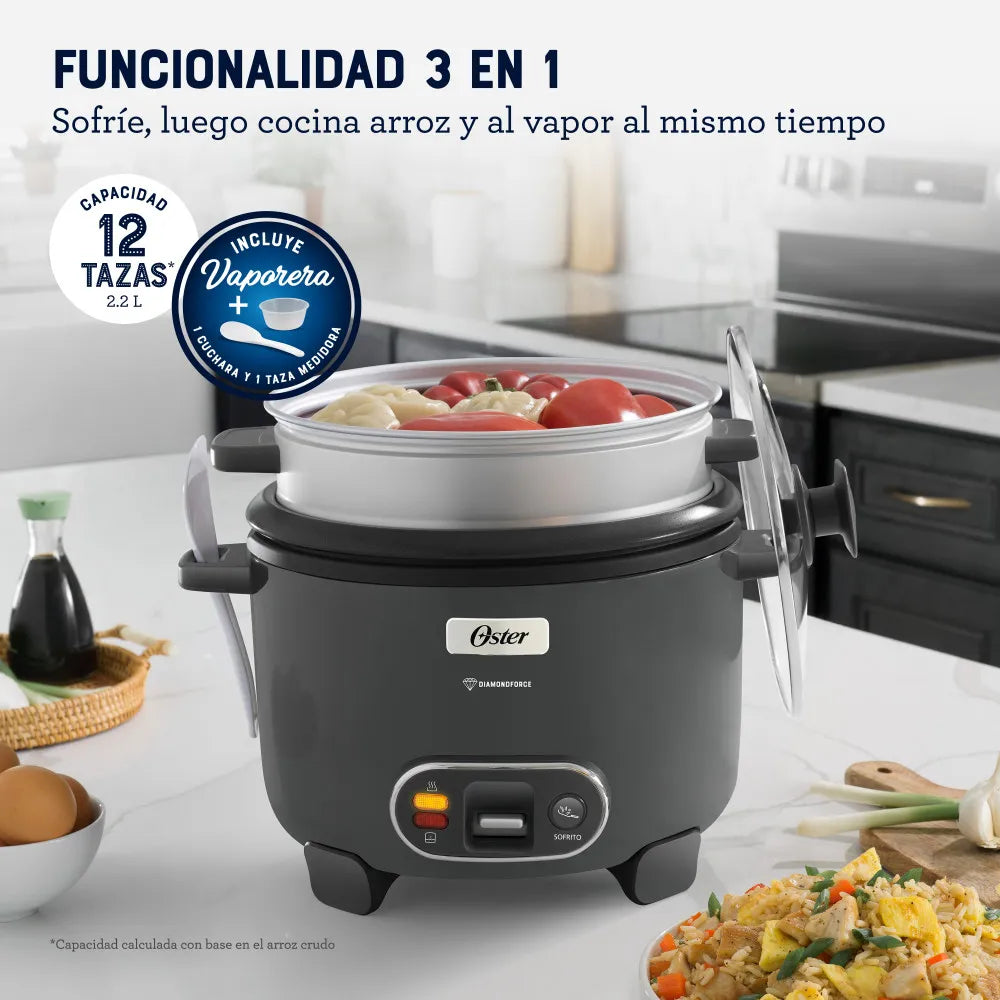 Oster Arrocera, 3 en 1, 12 Tazas de Capacidad, con Función de Sofrito, Vaporera, Recubrimiento Antiadherente Oster DiamondForce, CKSTRC12DFSKE