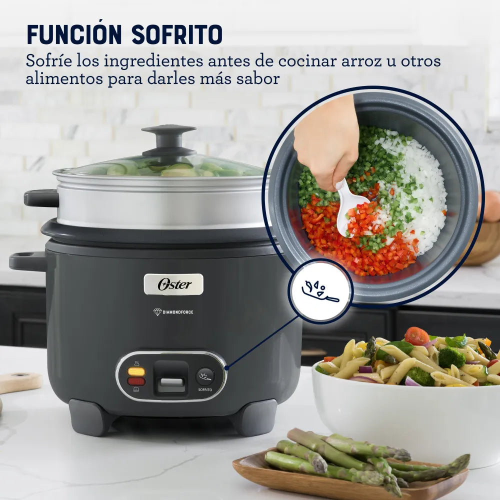 Oster Arrocera, 3 en 1, 12 Tazas de Capacidad, con Función de Sofrito, Vaporera, Recubrimiento Antiadherente Oster DiamondForce, CKSTRC12DFSKE