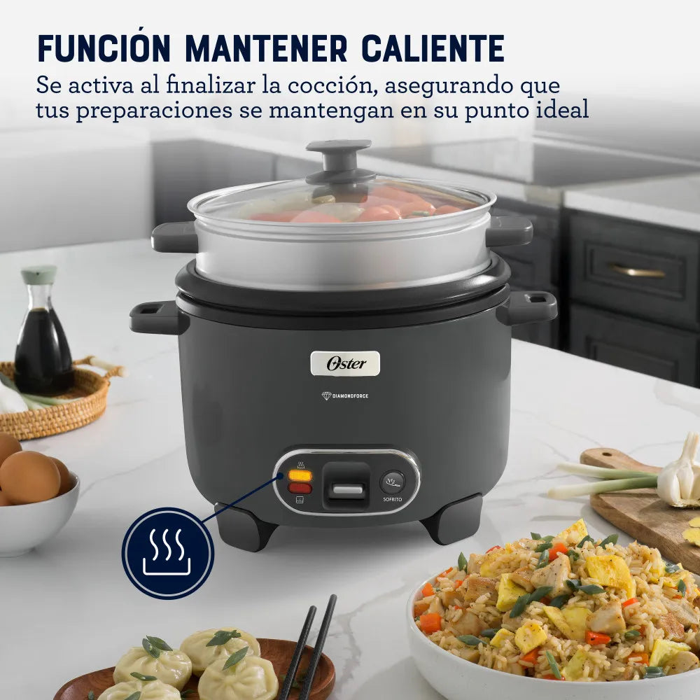 Oster Arrocera, 3 en 1, 12 Tazas de Capacidad, con Función de Sofrito, Vaporera, Recubrimiento Antiadherente Oster DiamondForce, CKSTRC12DFSKE