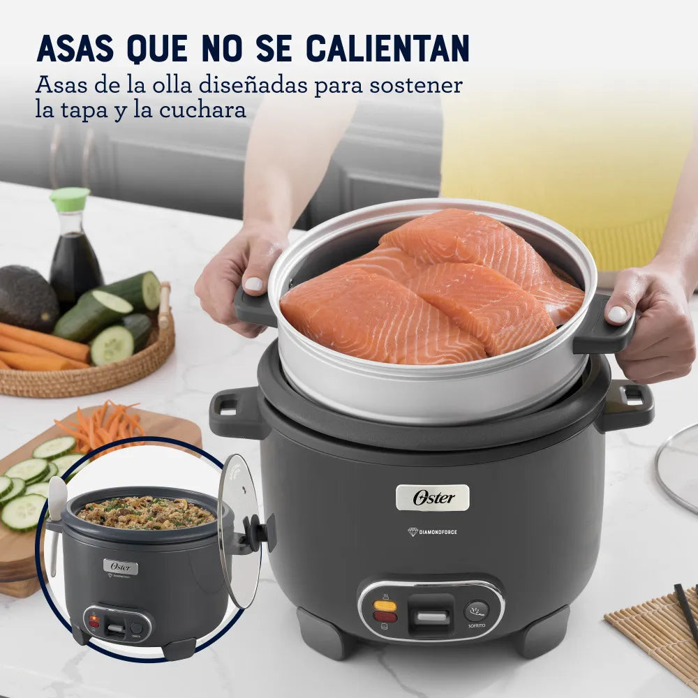 Oster Arrocera, 3 en 1, 12 Tazas de Capacidad, con Función de Sofrito, Vaporera, Recubrimiento Antiadherente Oster DiamondForce, CKSTRC12DFSKE