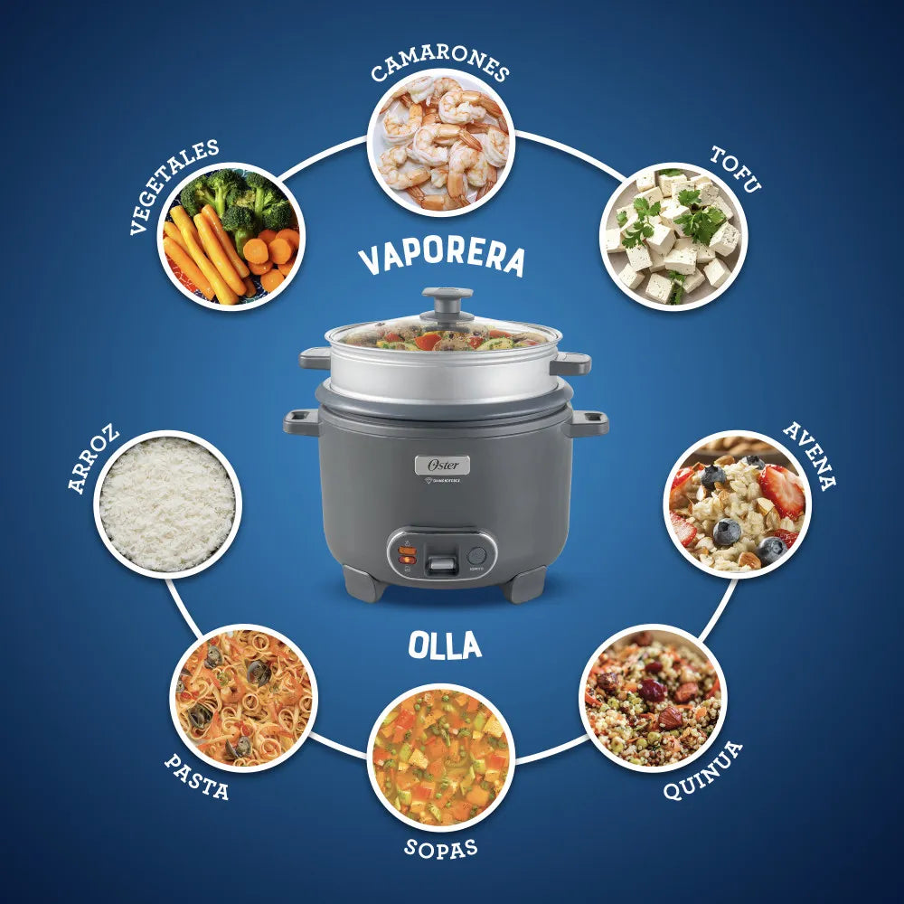Oster Arrocera, 3 en 1, 12 Tazas de Capacidad, con Función de Sofrito, Vaporera, Recubrimiento Antiadherente Oster DiamondForce, CKSTRC12DFSKE