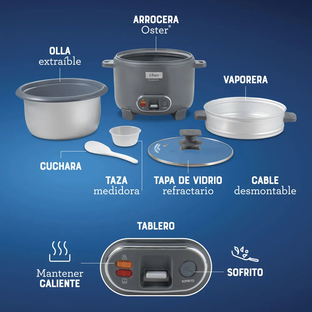 Oster Arrocera, 3 en 1, 12 Tazas de Capacidad, con Función de Sofrito, Vaporera, Recubrimiento Antiadherente Oster DiamondForce, CKSTRC12DFSKE