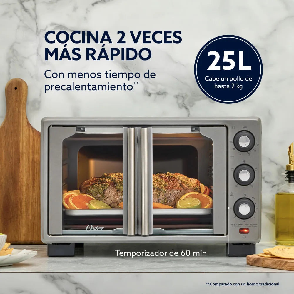 Horno con freidora de aire Oster® de 25 litros, puertas francesas, TSSTTV25FDMAFNS